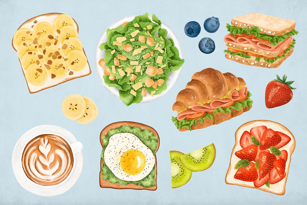 Breakfast drawing set, healthy food illustration