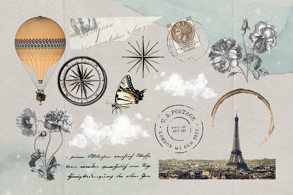 Travel journal illustration collage element set psd