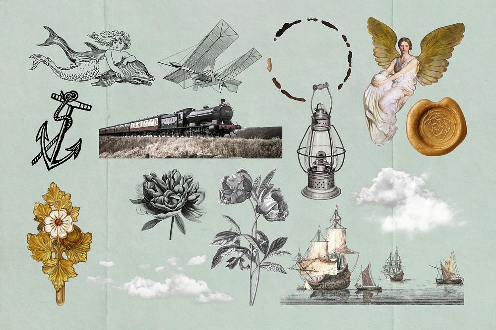 Vintage journal illustration collage element set psd