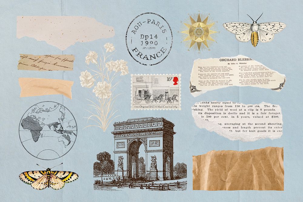 Travel ripped paper journal illustration collage element set psd