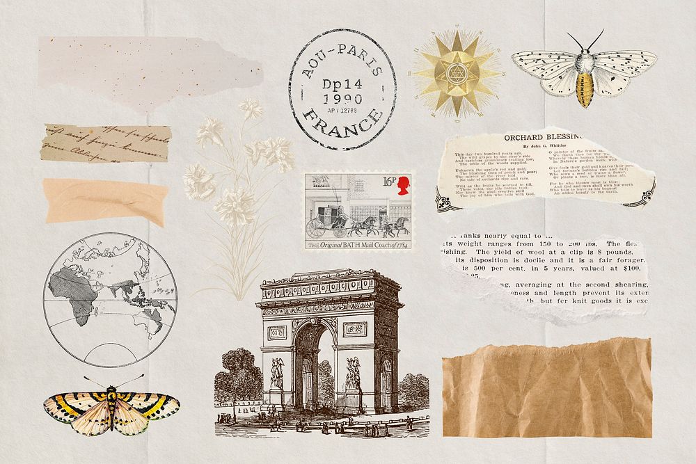 Travel ripped paper journal illustration sticker set psd