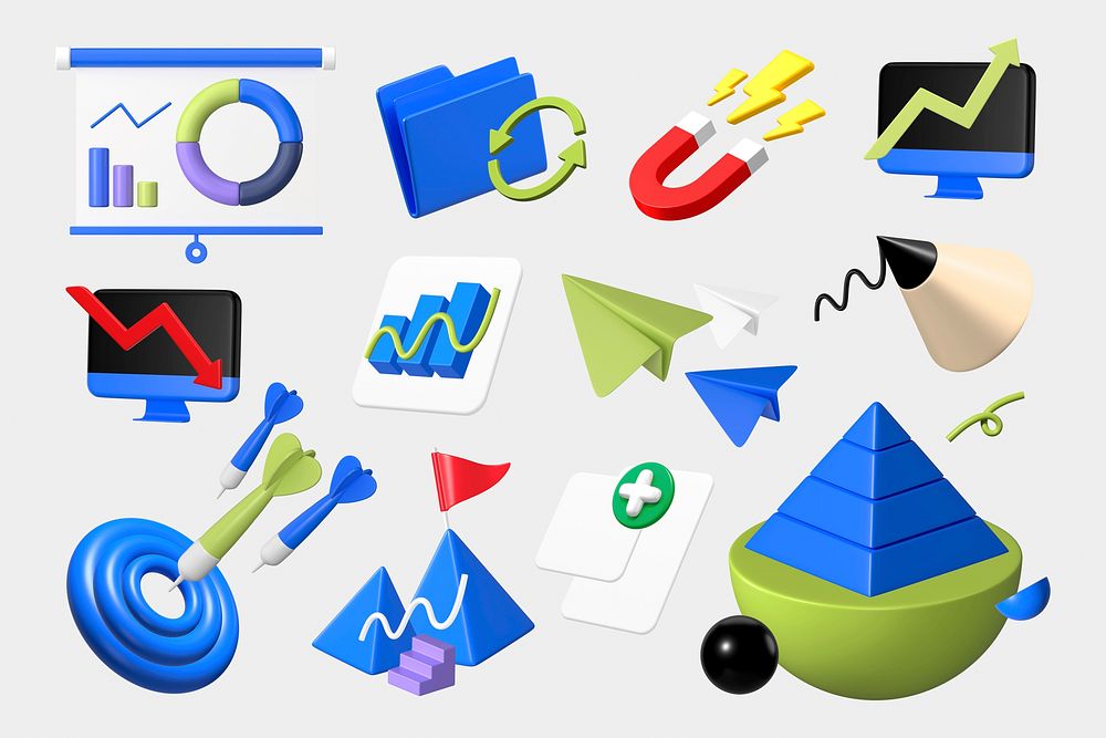 3D business icons illustration sticker set psd