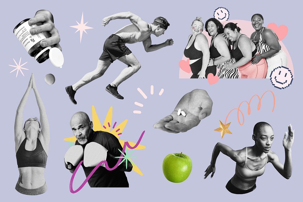 Sport & exercise lifestyle remix collage element set psd