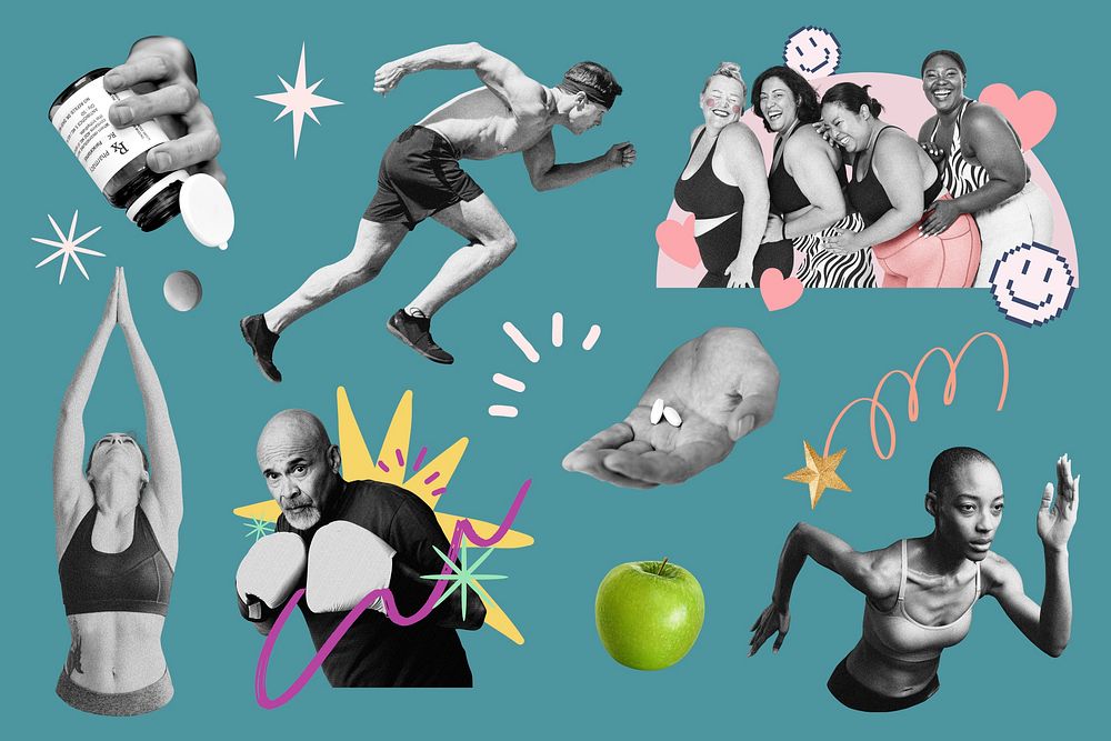 Sport & exercise lifestyle remix collage element set psd