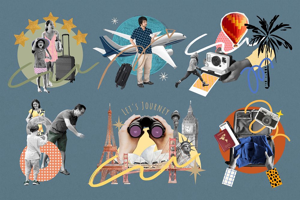 Travel lifestyle remix collage element set psd