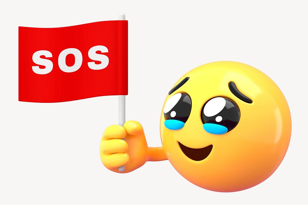 Emoji holding sos flag mockup, 3D rendered design psd
