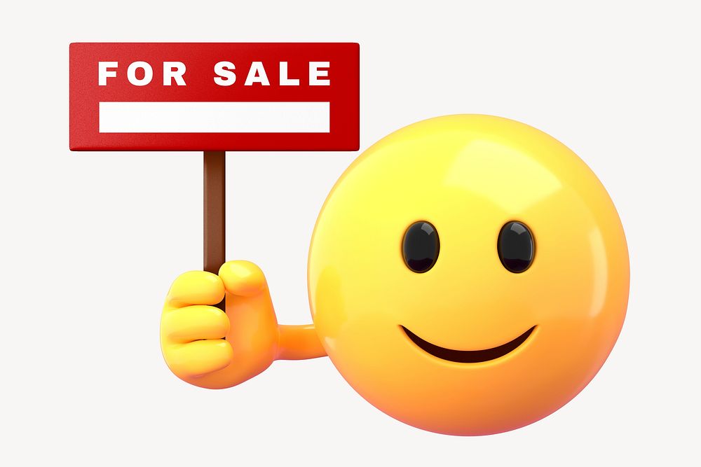 Emoticon holding rent sign mockup, 3D rendered design psd