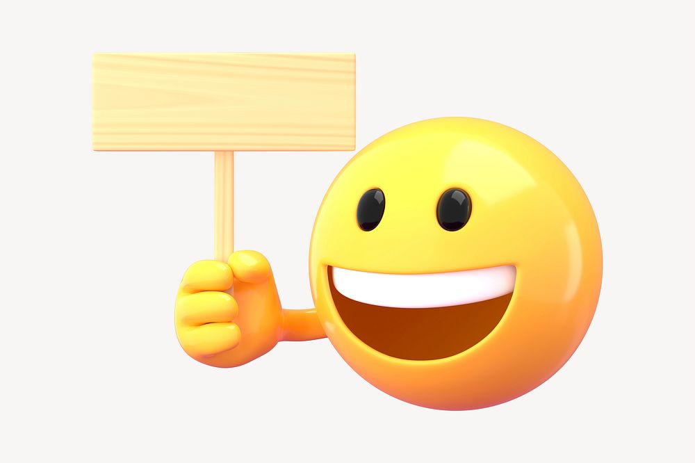 3D emoticon holding wooden sign
