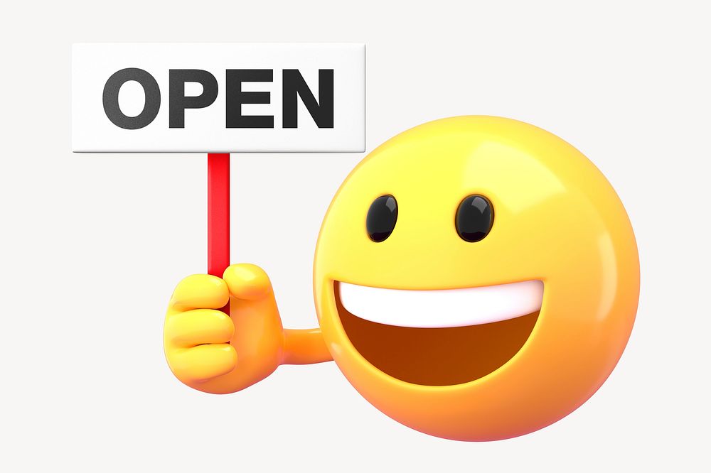 3D emoticon holding open sign