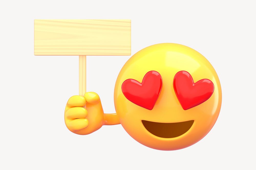 Emoticon holding wooden sign, 3D rendered emoji