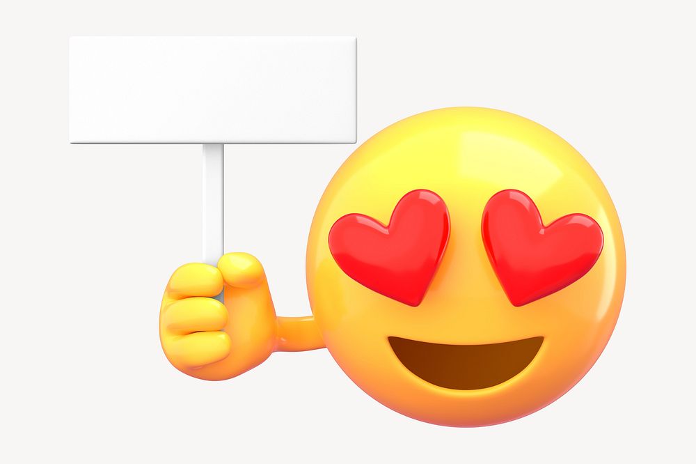 3D rendered emoji holding sign, heart-eye emoji