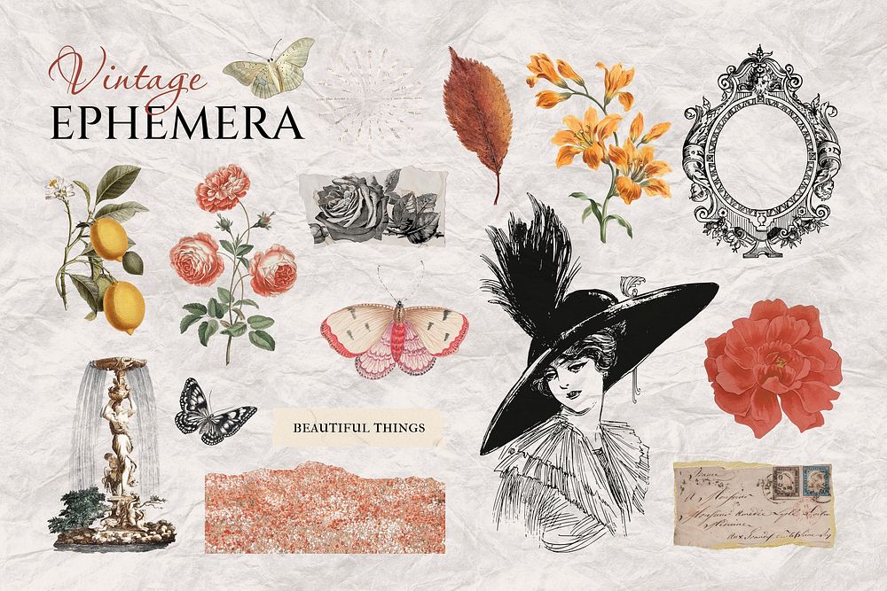 Vintage Ephemera illustration collage element set psd