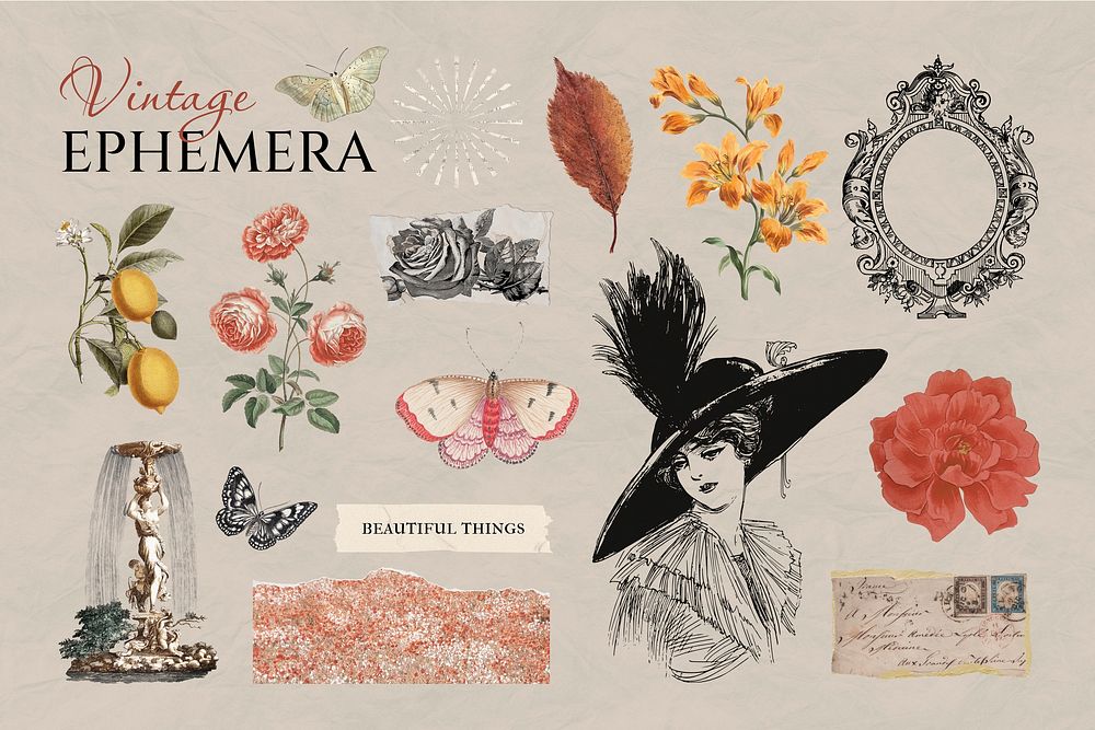 Vintage Ephemera illustration sticker set psd