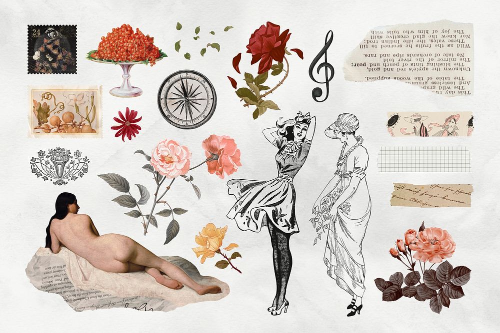 Aesthetic Ephemera illustration collage element set psd