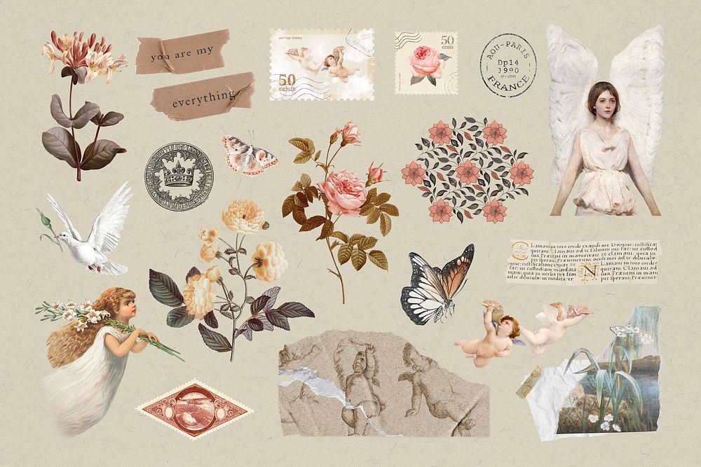 Vintage Ephemera illustration sticker set psd