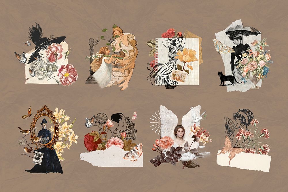 Women Ephemera remix illustration collage element set psd
