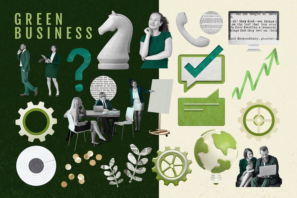 Green business illustration collage element set psd