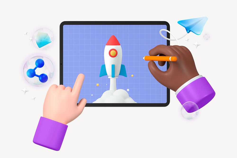 Business launch, 3D hand drawing rocket illustration