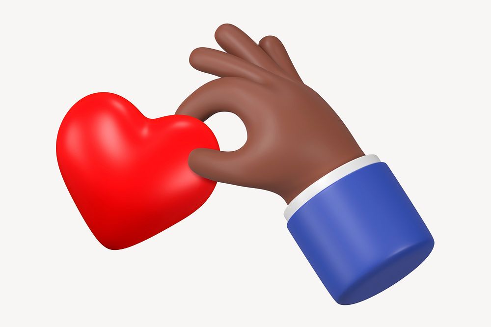 Black hand holding heart, 3D rendering graphic