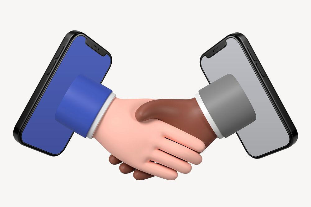Virtual business handshake, 3D smartphone illustration psd