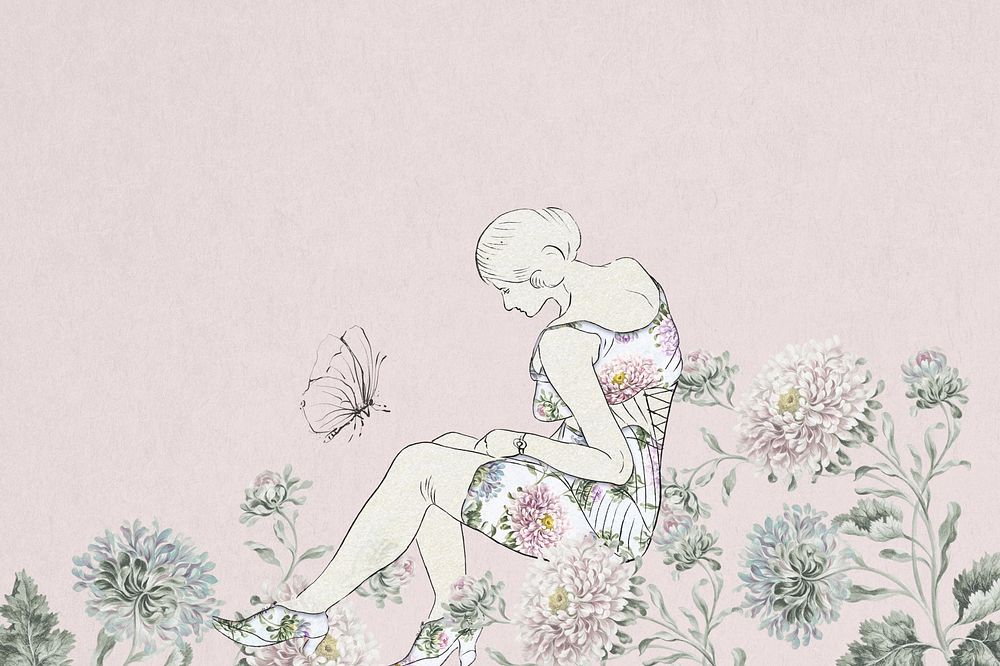 Vintage lady pink floral background