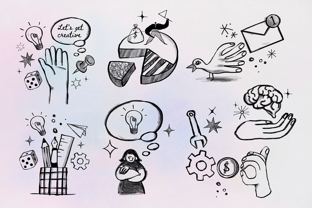 Business doodles illustration collage element set psd