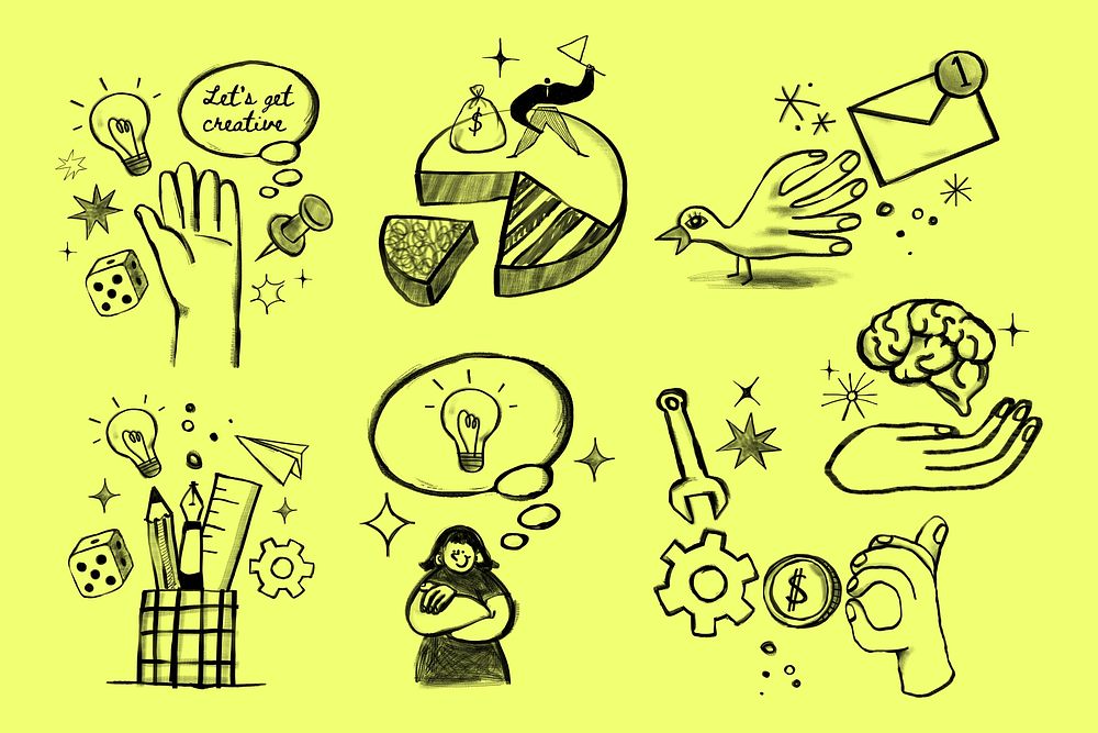 Business doodles illustration sticker set psd