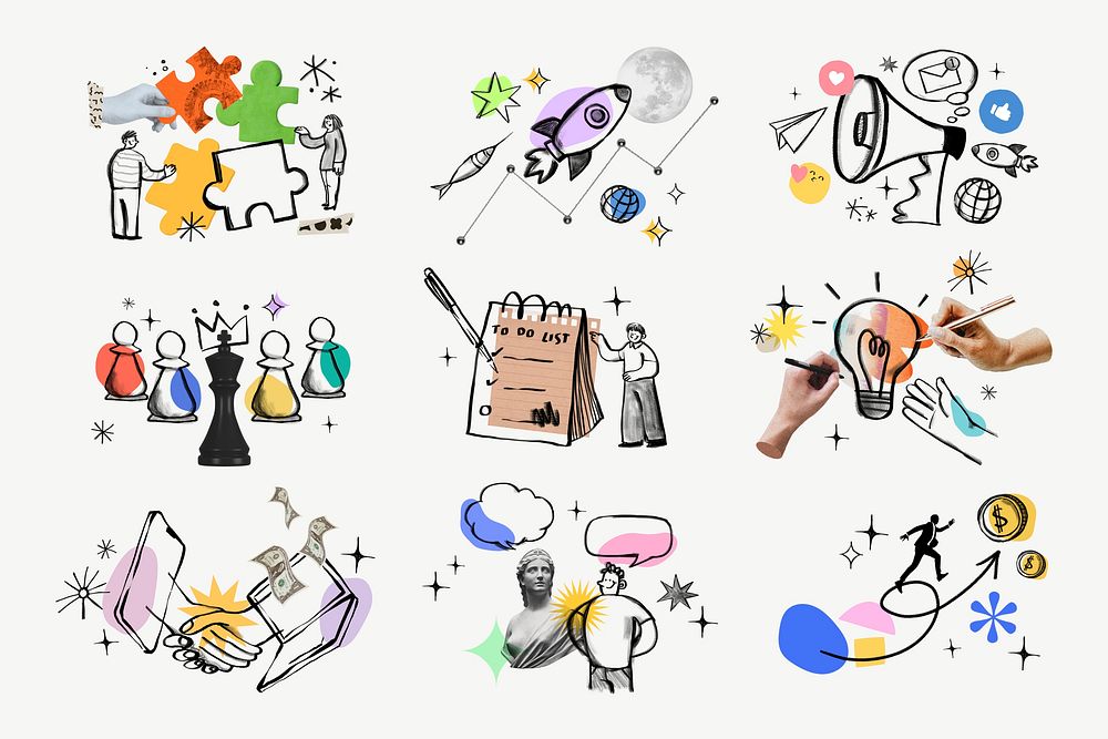 Business marketing doodles illustration sticker set psd