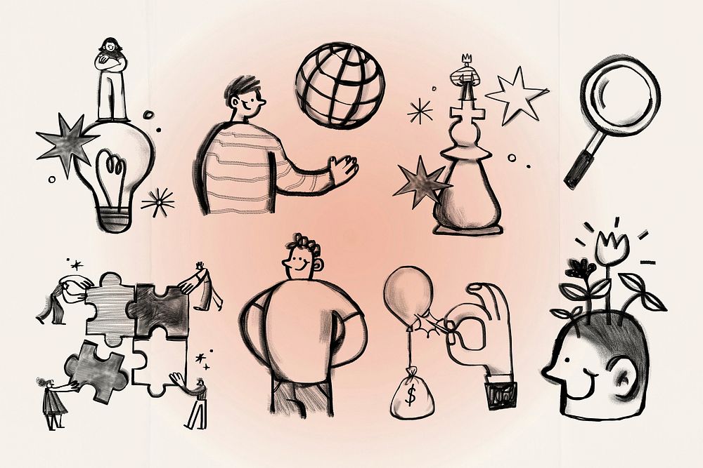 Business idea doodles illustration collage element set psd