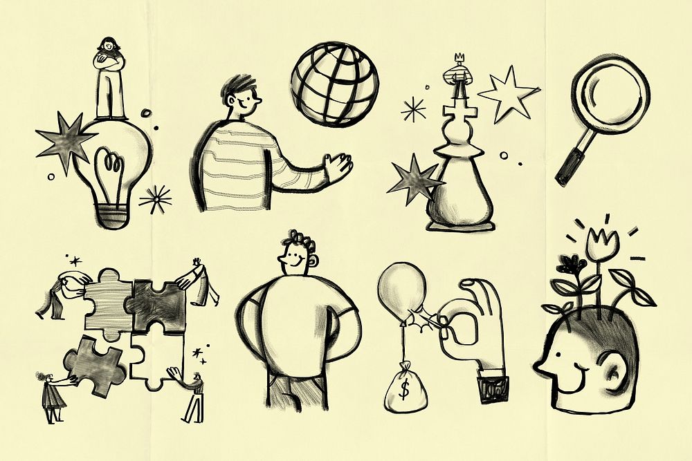 Business idea doodles illustration sticker set psd