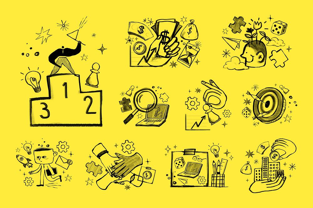 Business doodles illustration sticker set psd