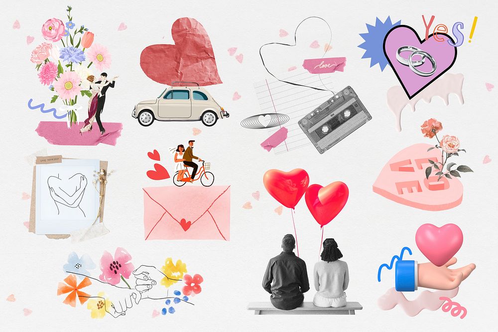 Cute Valentine's celebration, aesthetic collage element set psd