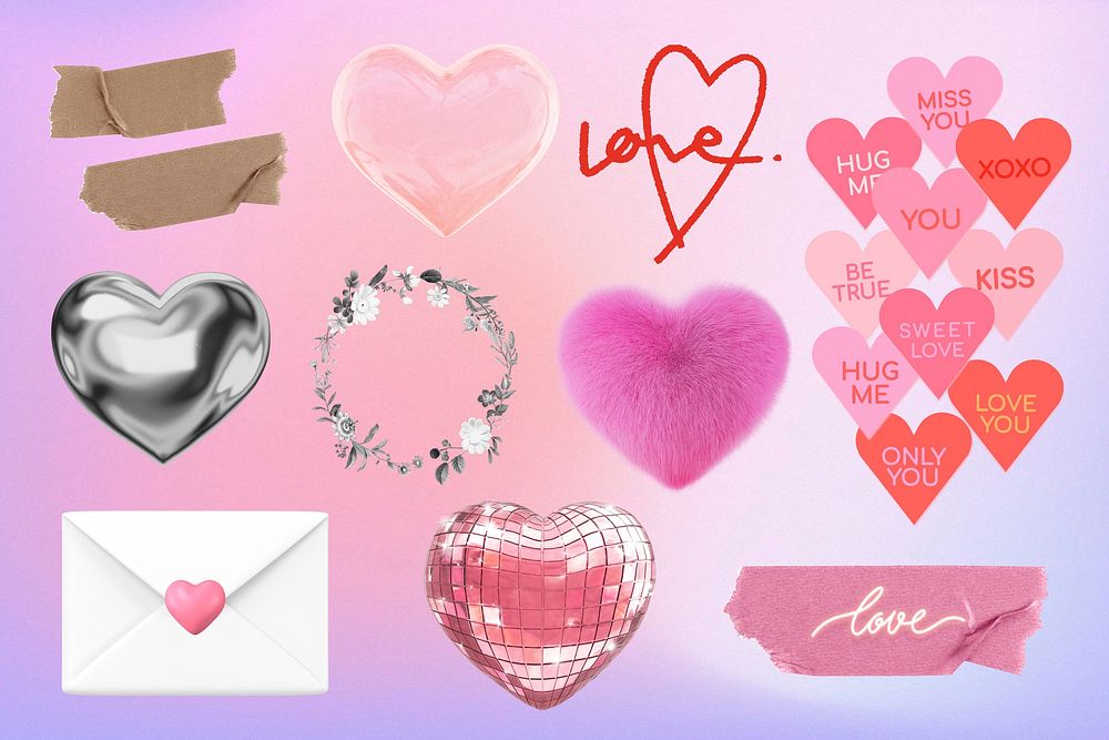 3D hearts, aesthetic Valentine's collage element set psd