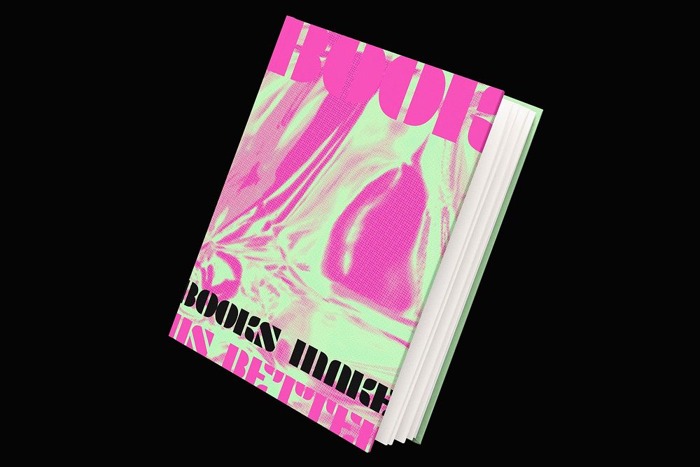 Book mockup, neon pink and green design psd