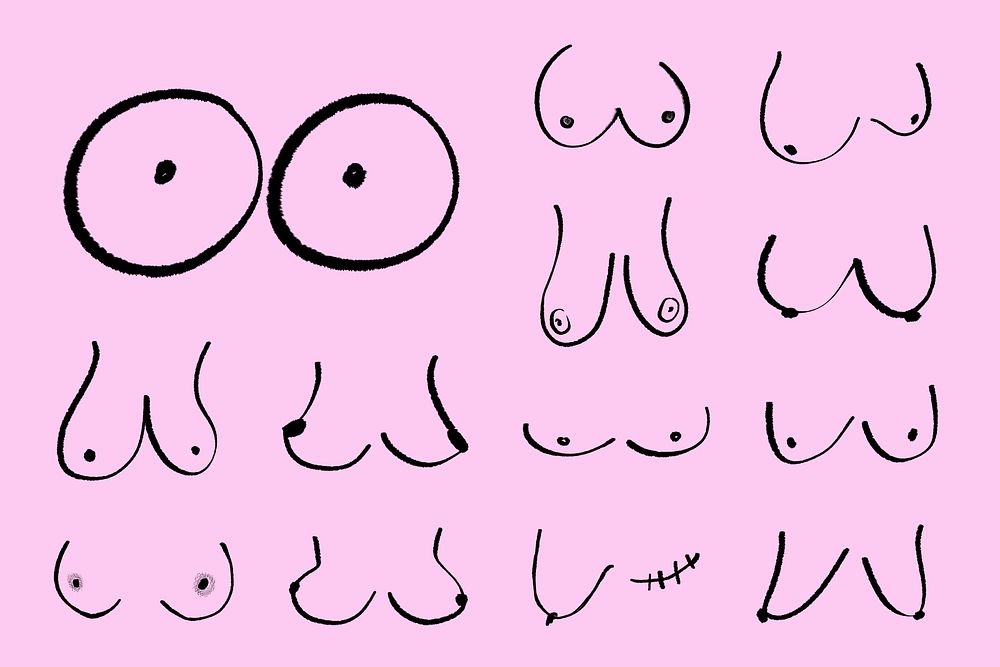 Breasts shapes doodle set, edgy women's health and breast cancer awareness illustrations 