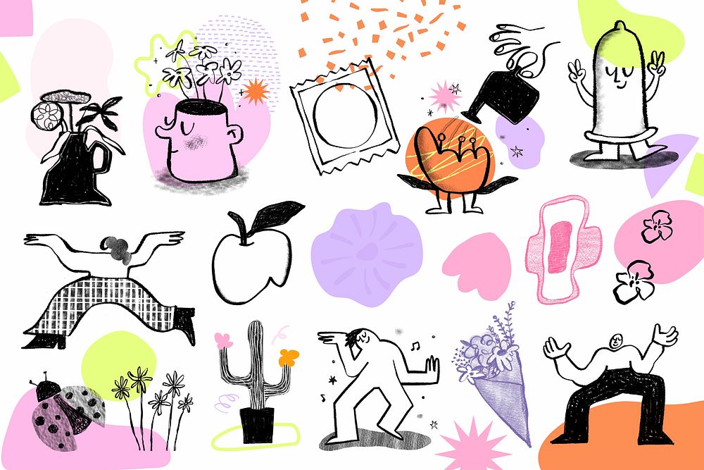 Colorful lifestyle doodle set, edgy design elements 