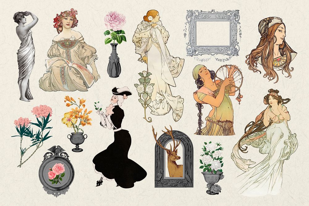 Vintage Art Nouveau woman character clipart psd set, remixed by rawpixel