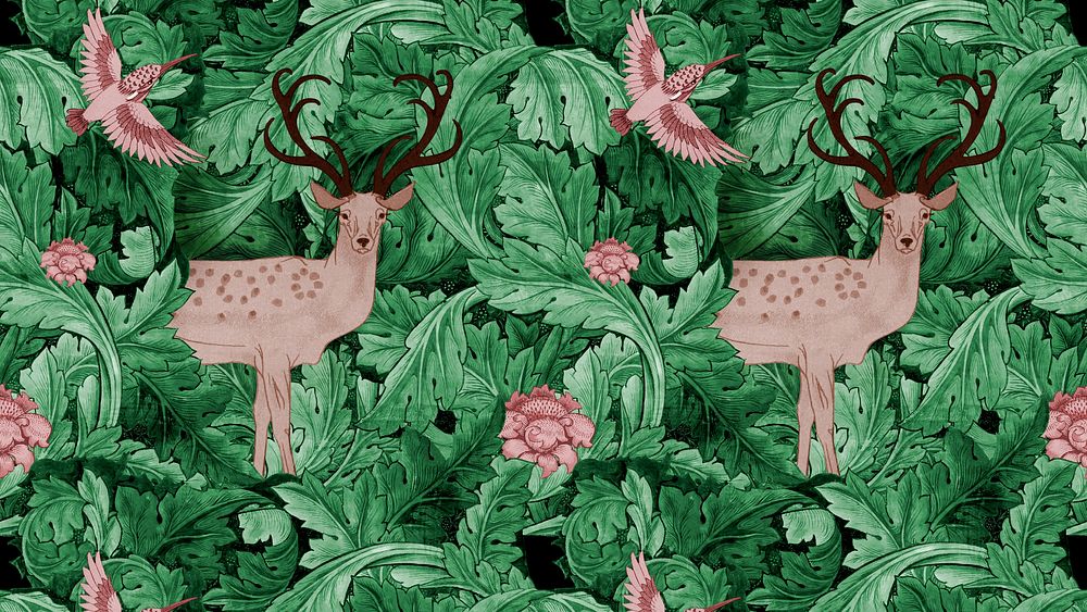 William Morris's botanical desktop wallpaper, deer and leaves design, famous Art Nouveau artwork illustration, remixed by…