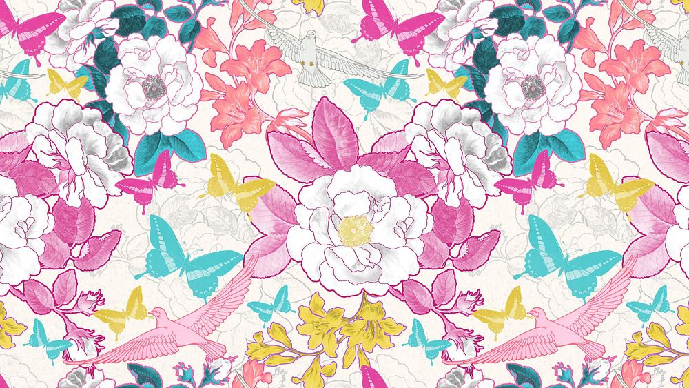 Pink flower patterned desktop wallpaper, remixed by rawpixel