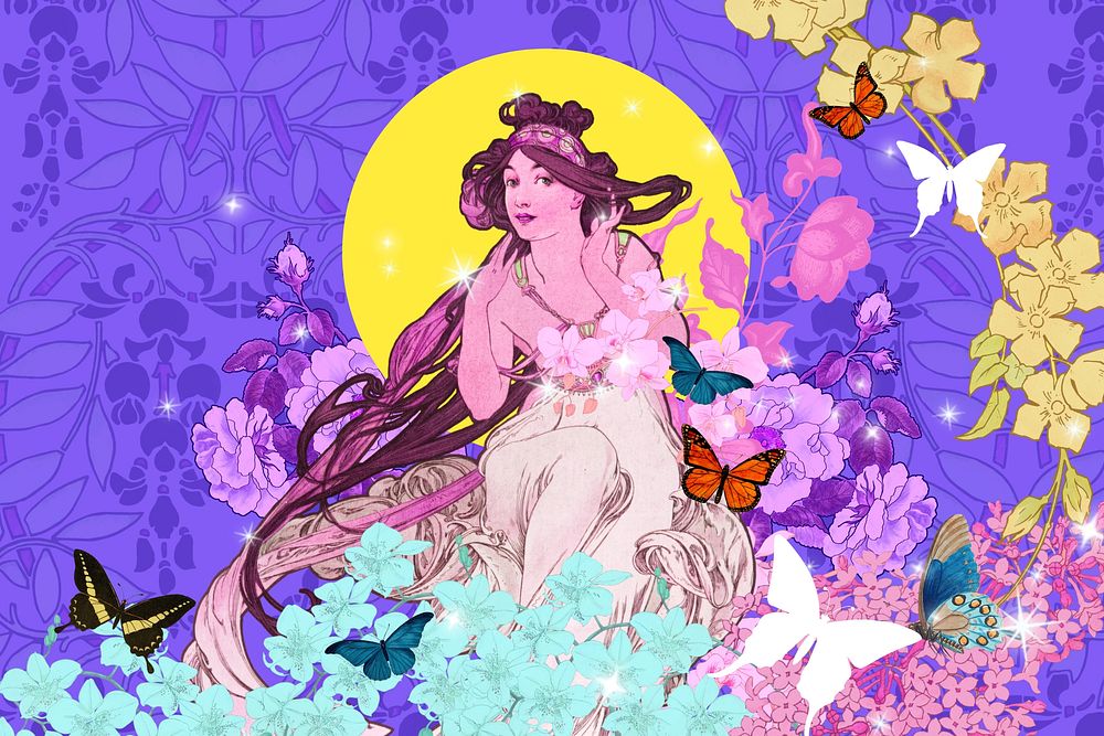 Purple flower goddess background, leafy pattern, remixed from the artwork of Alphonse Mucha