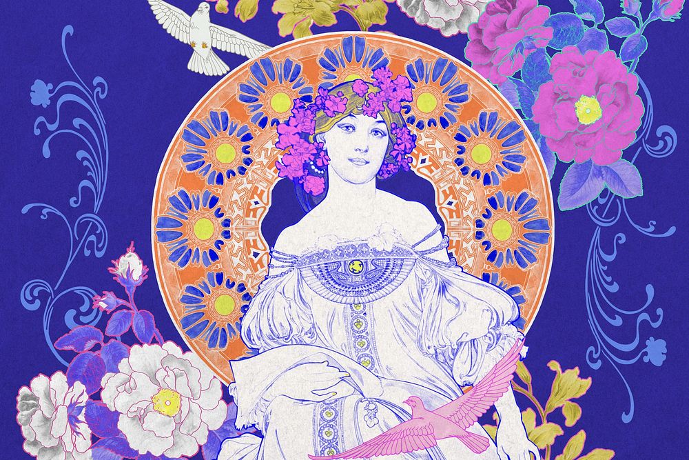 Flower crowned woman background, vintage art nouveau, remixed from the artwork of Alphonse Mucha