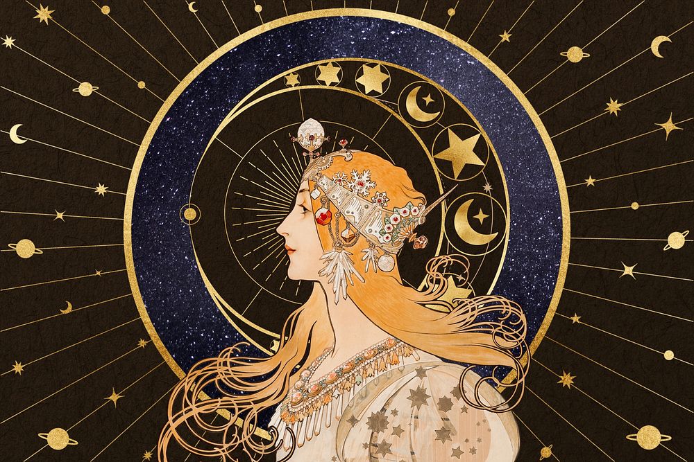 Alphonse Mucha's Zodiac background, vintage astrology woman, remixed by rawpixel