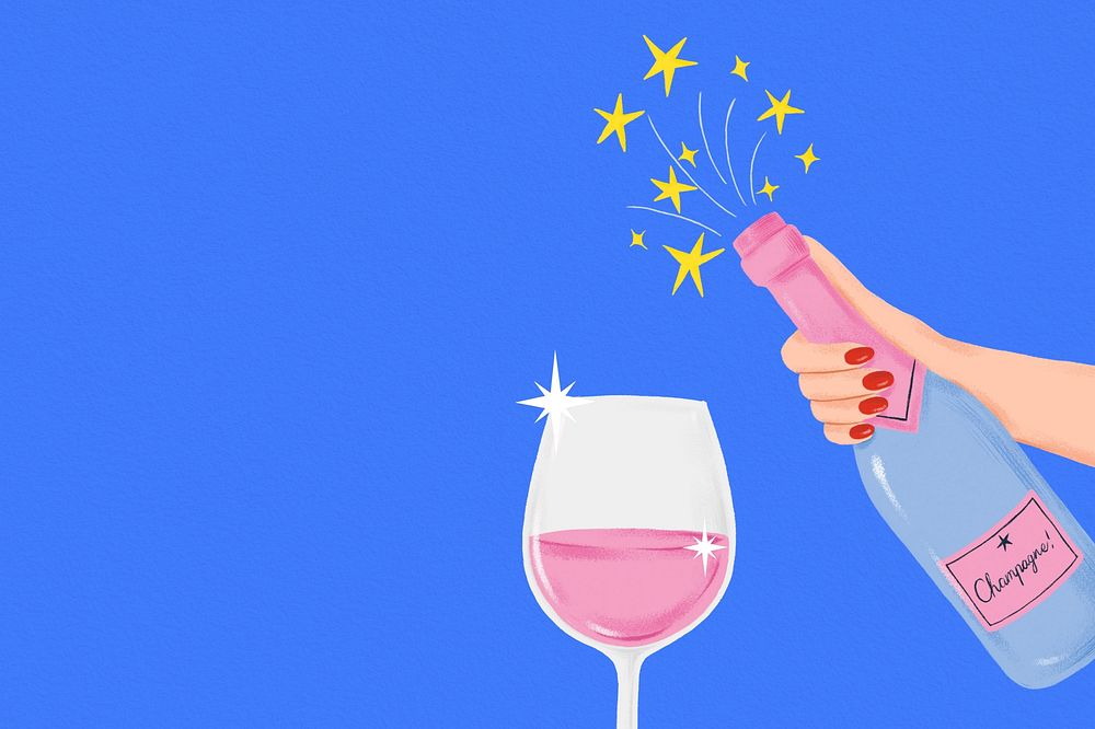 Pink champagne background, blue celebration illustration