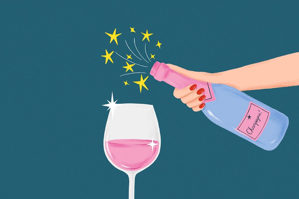 Pink champagne background, green celebration illustration