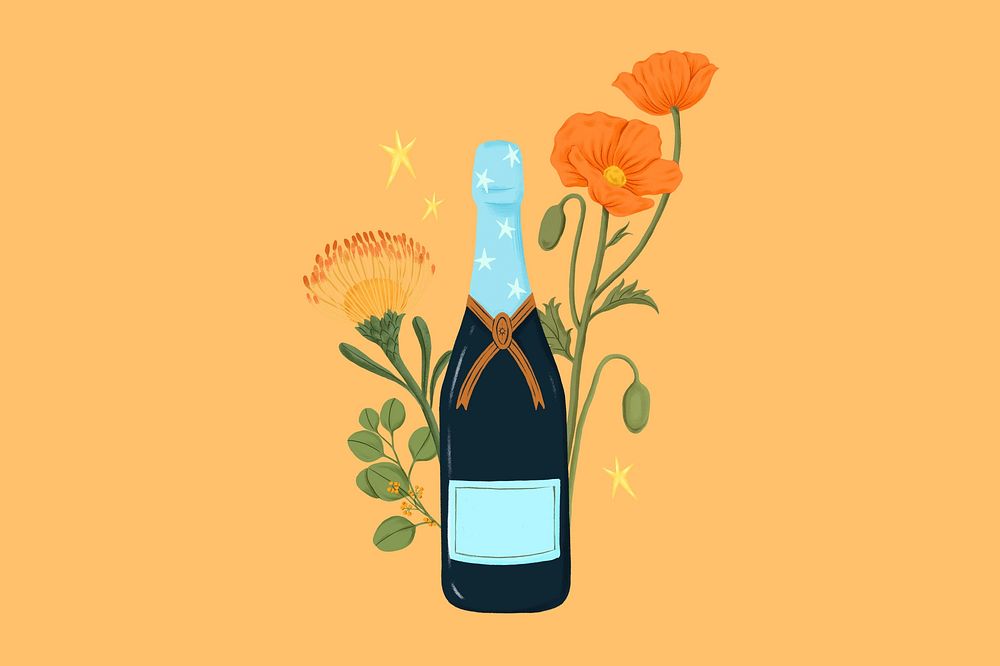 Floral champagne bottle background, celebration drink illustration
