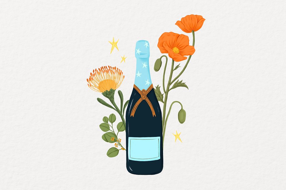 Floral champagne bottle background, celebration drink illustration