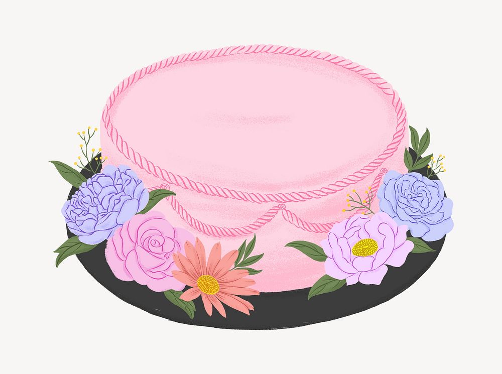 Pink birthday cake, floral dessert illustration