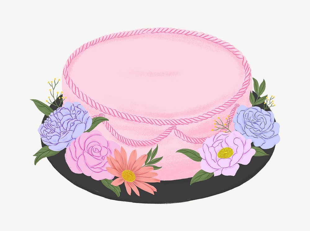 Pink birthday cake, floral dessert collage element psd