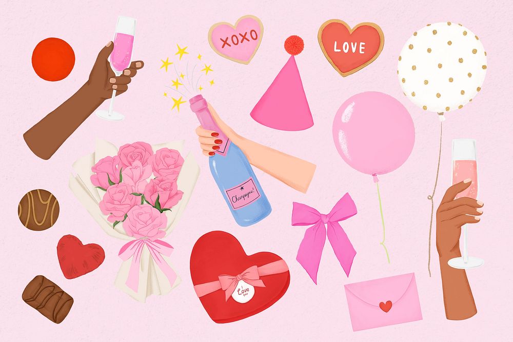 Cute Valentine's day clipart set, drawing psd