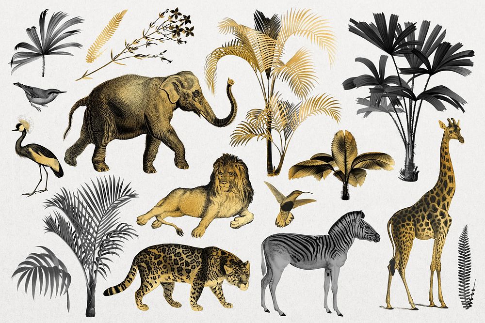 Gold wild animals vintage collage elements set psd